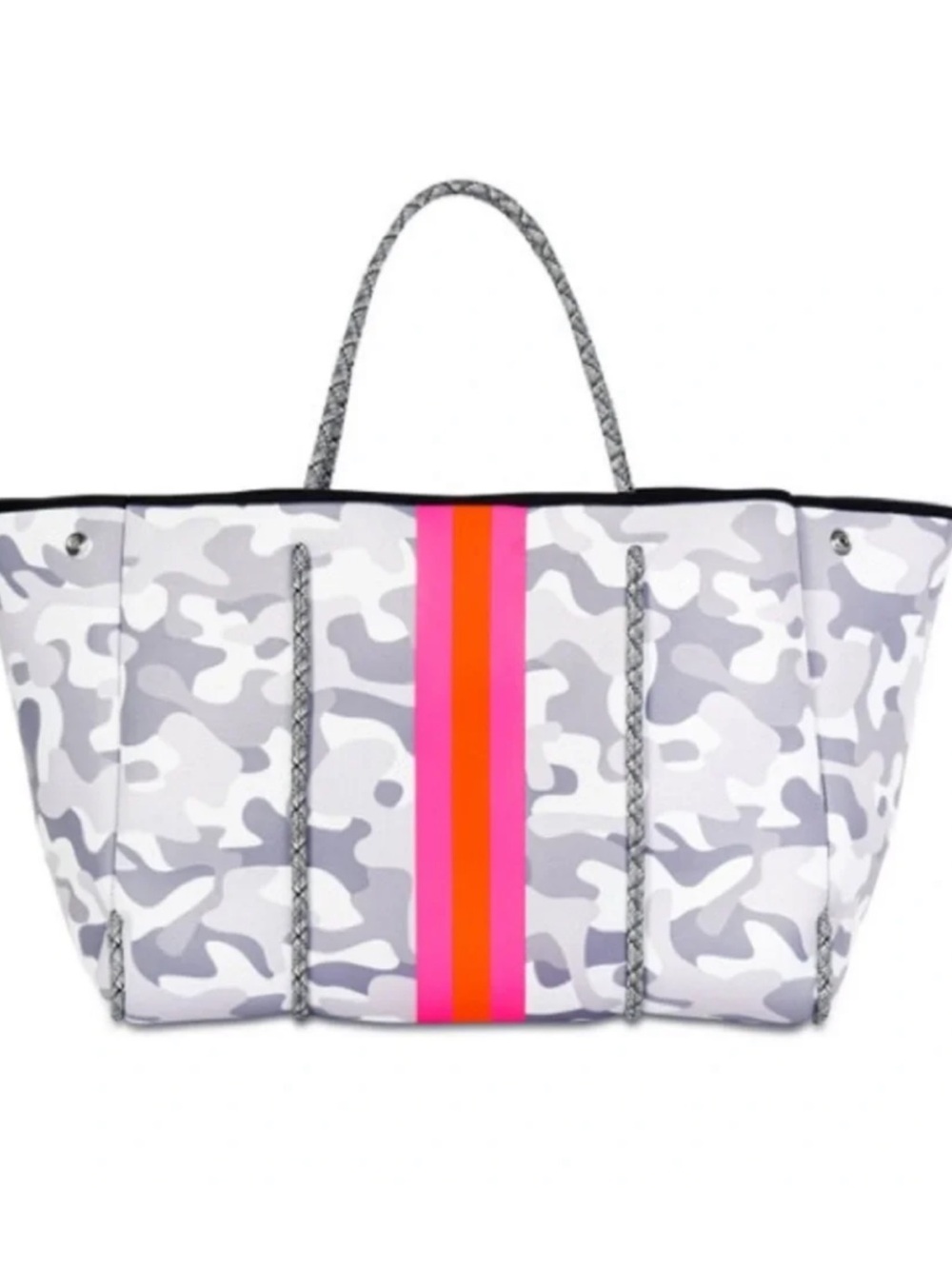 HAUTE SHORE Gray Camo Tote with Pink & Orange Center Stripe